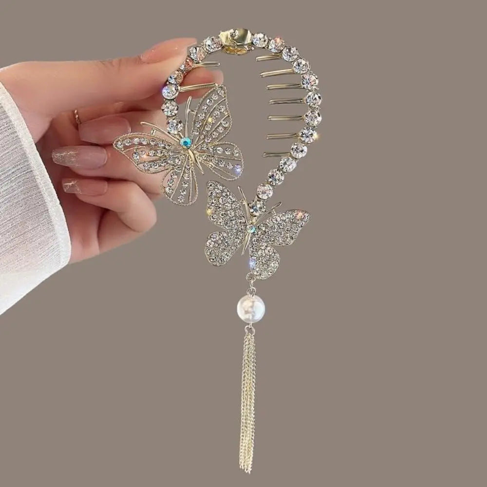 Chinese Style Flower Tassel Hair Bun Buckle High Ponytail Buckle Pearl Chain Pan Hair Claw Clip Fashion Lovely Alloy Headwear