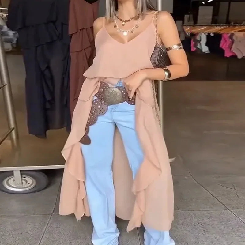 Blusa feminina longa com babados, elegante, lisa, sem mangas, casual, 2025, praia, decote em V, costas nuas, blusa feminina