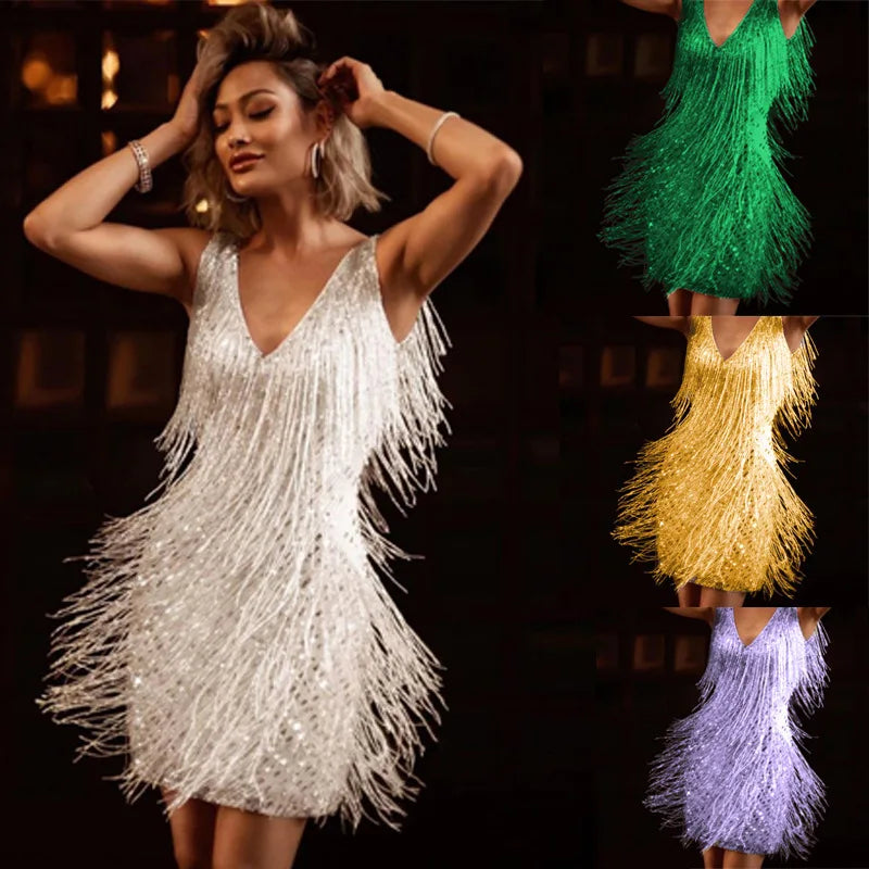 Evening Party Dress For Women 023 Summer Elegant Bodycon Sexy Club Camisole Tassel Dance Mini Dress Female Clothing Vestido Dres