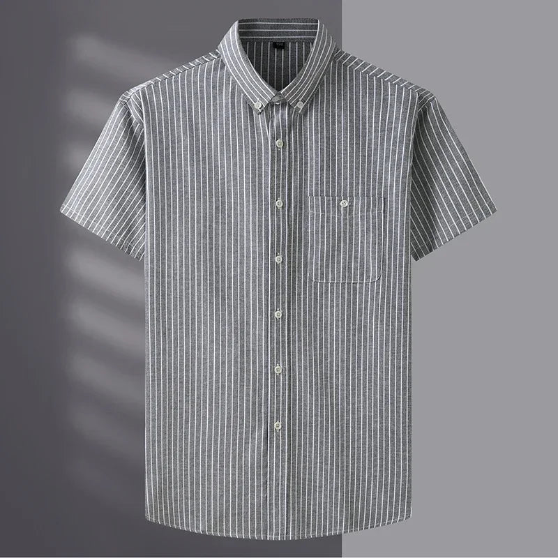 New Summer Men Striped Short Sleeve Shirt Men Dress Shirts Pure Color Business Work Button Up Shirt Big Social Korean Clothes