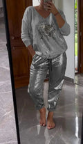 Women Two-piece Set Spring Long Sleeves Bronzing Loose Glossy Top Elastic Waist Pockets Trousers Pants Set Casual Sport Outfit