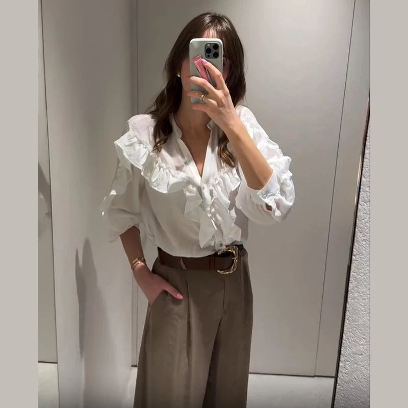 Blusa feminina elegante, azul, gola alta, babados, manga comprida, lisa, solta, chiffon, nova blusa feminina de verão 2025