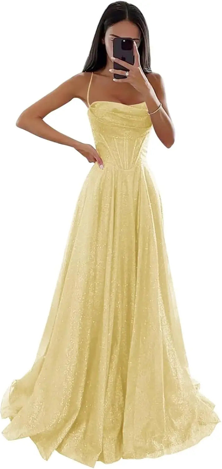 Spaghetti Straps Sleeveless Prom Dress for Women Long Shiny Tulle Formal Evening Party Gown with Slit Formal Dress Women Elegant