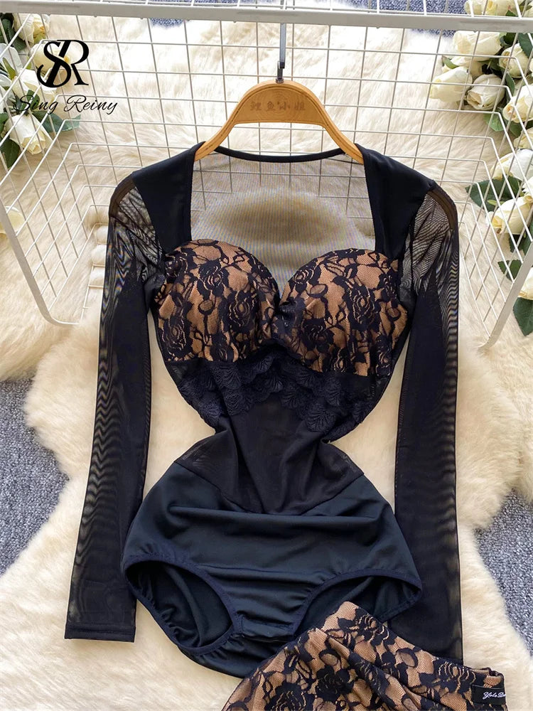 SINGREINY Sexy Floral Lace Suit Mesh Sheer Slim Bodysuit+Ruffles Mini Mermaid Skirt Ladies Retro Luxury Ball Party 2 Pieces Sets
