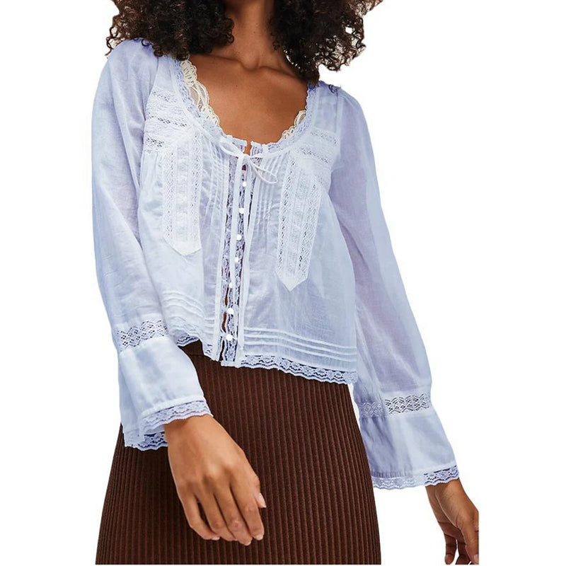 Blusa feminina Combhasaki Y2K Fairy, manga comprida, gola quadrada, patchwork de renda, amarração frontal transparente, blusa curta com botões