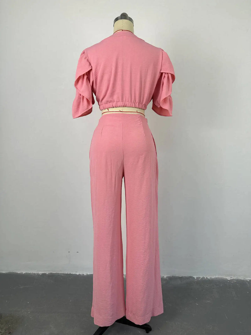 Sets for Women 2 Pieces 2025 Spring Fashion V-neck Flared Sleeve Lace Up Crop Top & Casual Pocket Design Wide Leg Pants Set