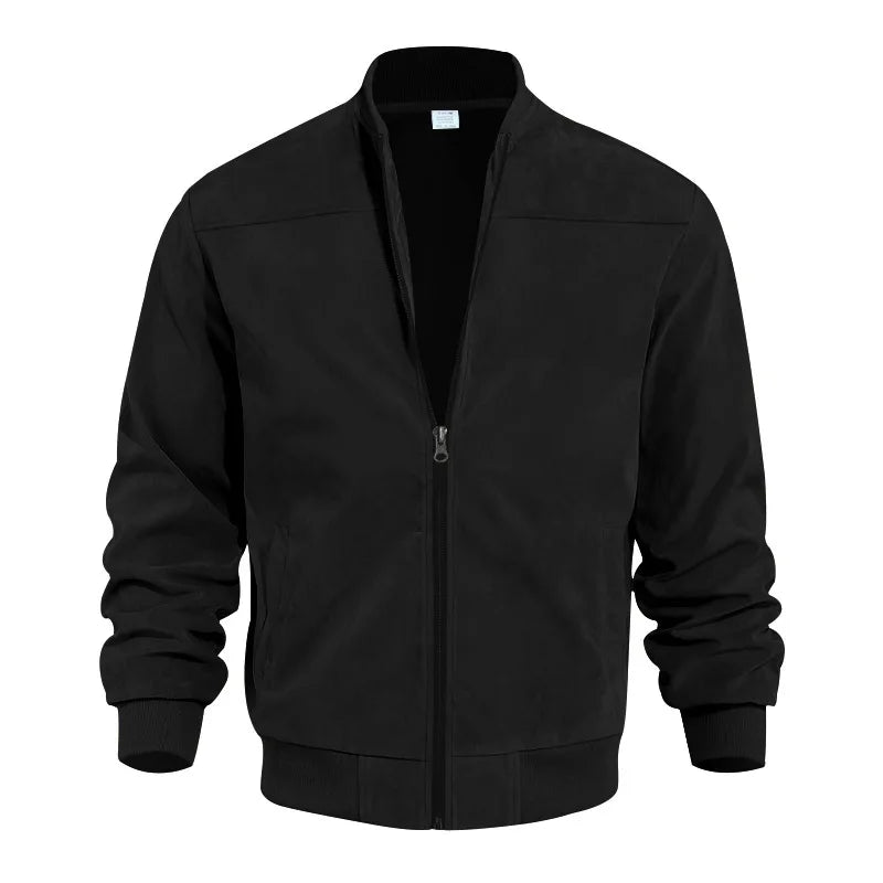 Men's Business Casual Suede Jacket Zipper Collar Warm Sporty Outerwear Polyester Fabric Long Sleeve round Hem Knitted Sleeve