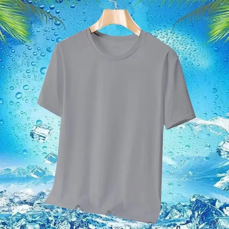 Camiseta masculina de manga curta, de seda gelada e secagem rápida, nova malha respirável, ajuste solto, gola redonda, camisa esportiva casual para o verão