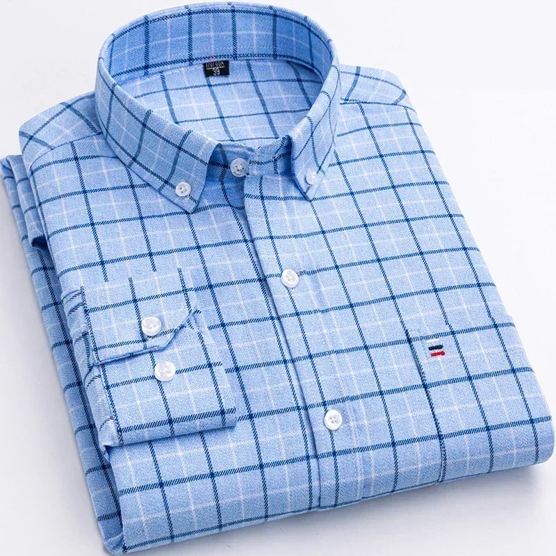 Pure Cotton Men's Plaid Shirt Long Sleeve Regular Fit Men Casual Oversized Shirt Leisure Autumn Male Clothes New Plus Size