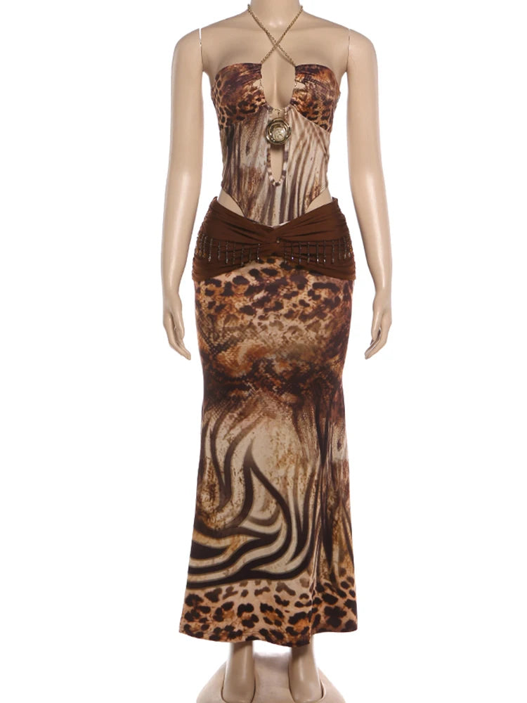 Kliou Sexy Fashion 2 Piece Set Woman Leopard Print Metal Chain Halter Backless Skinny Bodysuit+Tassel Long Skirt Wild Style Suit