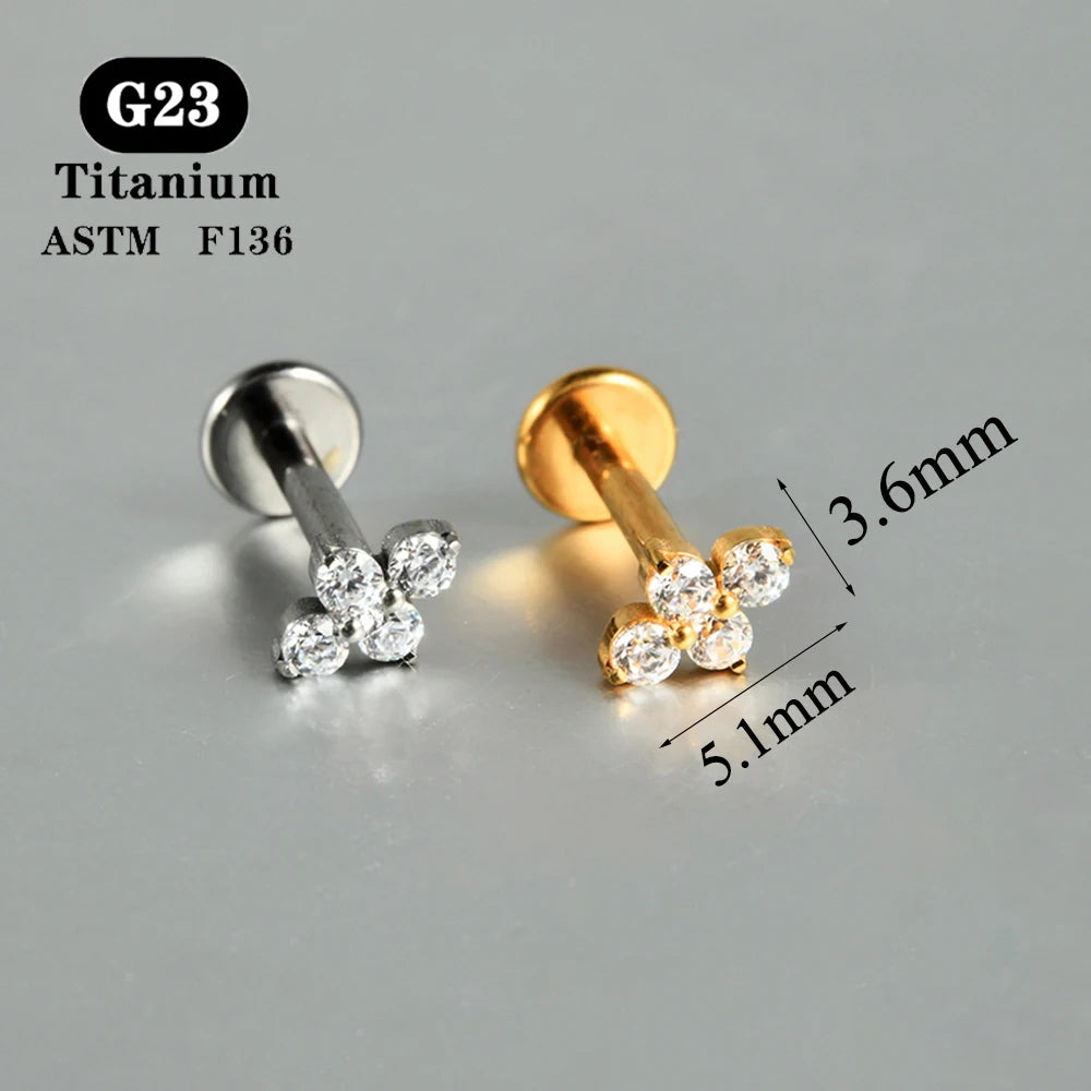 1PC ASTM F136 Titanium Zircon Flat Back Earring Flower Ear Studs Lobe Helix Tragus Cartilage Piercing Jewelry 16G