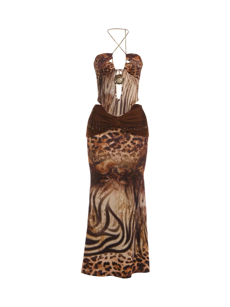 Kliou Sexy Fashion 2 Piece Set Woman Leopard Print Metal Chain Halter Backless Skinny Bodysuit+Tassel Long Skirt Wild Style Suit