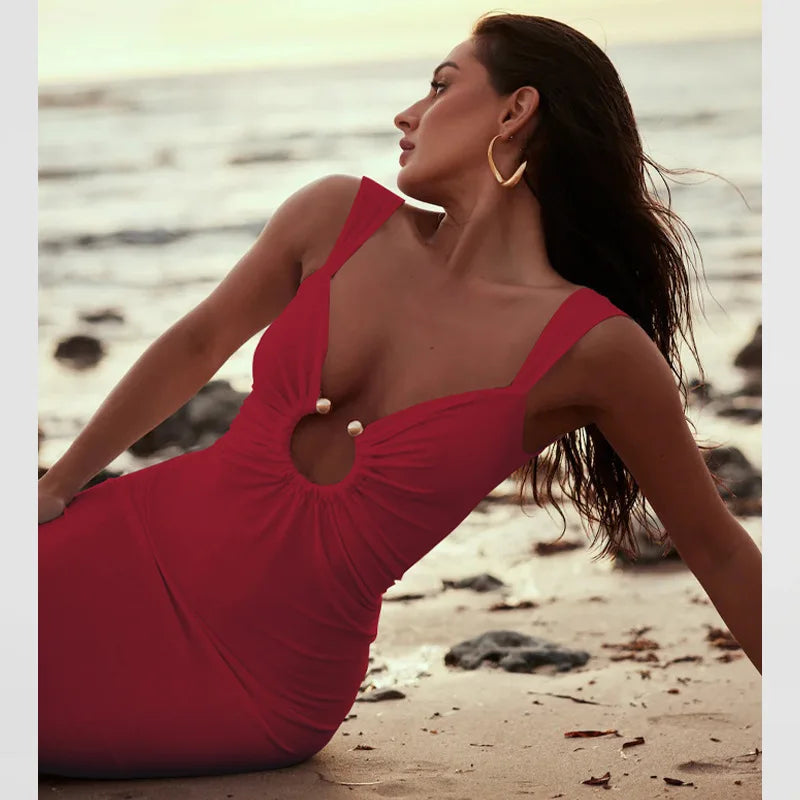 Summer New Solid Color Slim Long Dresses Women Sexy Deep V-neck Backless Package Hip Slit Dress Female Fashion Beach Vestidos