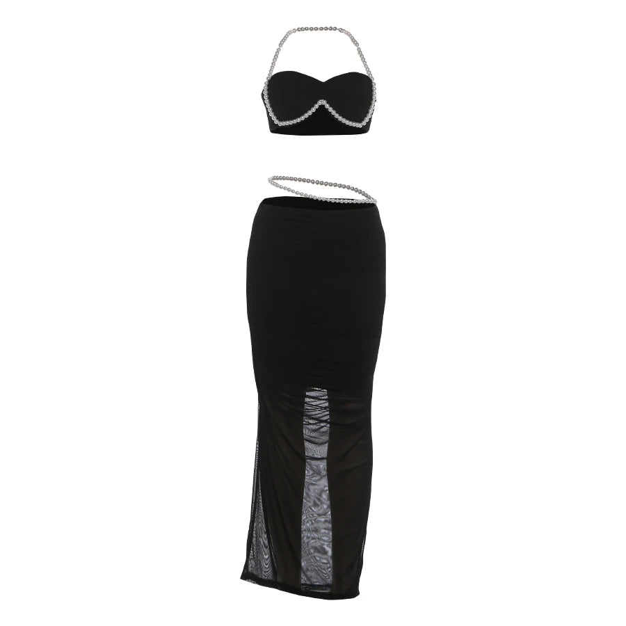 Weird Puss Sexy Bead Patchwork 2-Piece Set Women Ruched Halter Bra+Waistless Bottom Matching Elegant Beach Vacation Slim Outfits