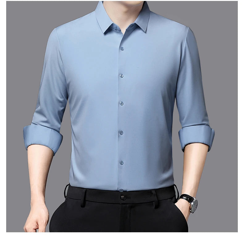 Camisa masculina premium ultraelástica - Camisa formal de manga comprida de seda de alta qualidade para uso social e casual