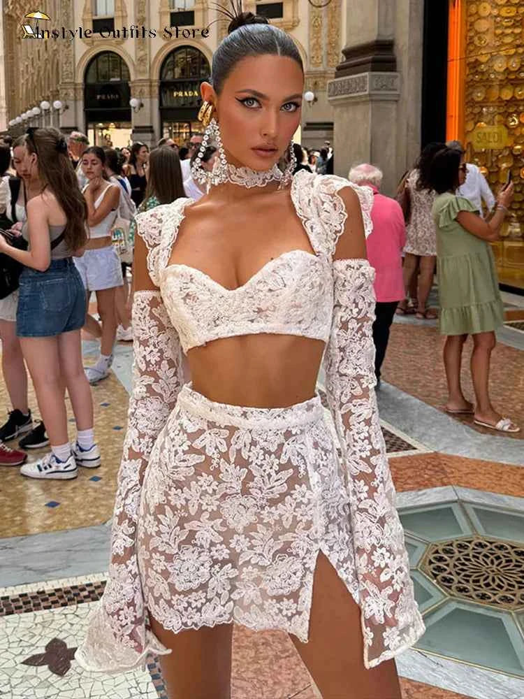 Lace Mini Skirt Set Women Hollow Out Cold Shoulder Crop Top Side Split Skirts Suit Female Summer Holiday Sexy Sets Lady Beach