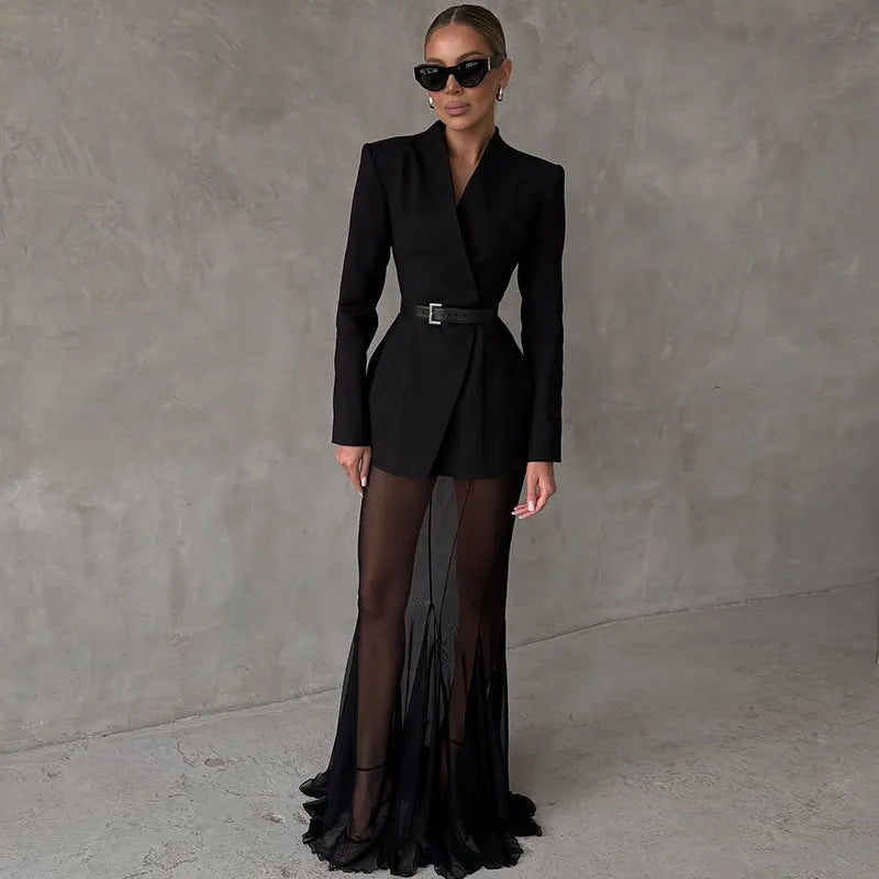 Conjunto elegante de blazer e saia sólida feminino, slim, com um botão, jaqueta plissada, transparente, saia rabo de peixe