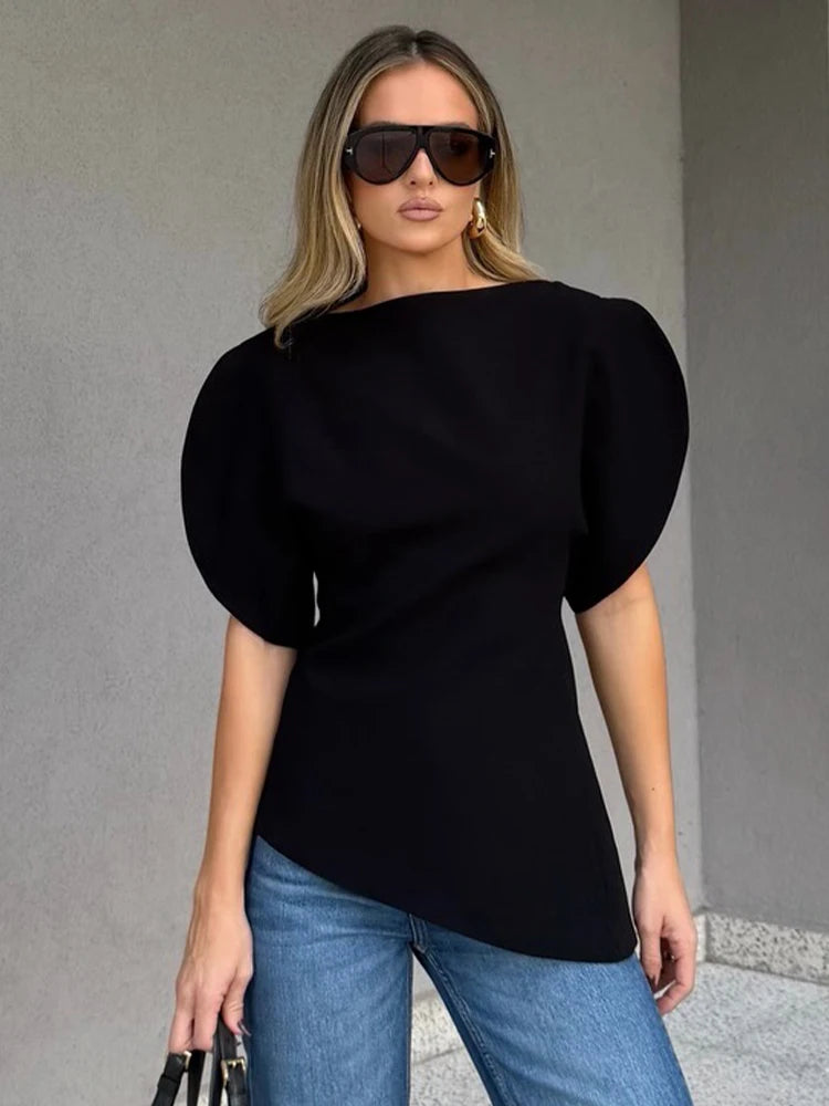 SLTNX Women's Elegant Vintage Short Puff Sleeve O-Neck Asymmetrical Hem Blouse - 2026 Spring Summer Y2K Streetwear Top
