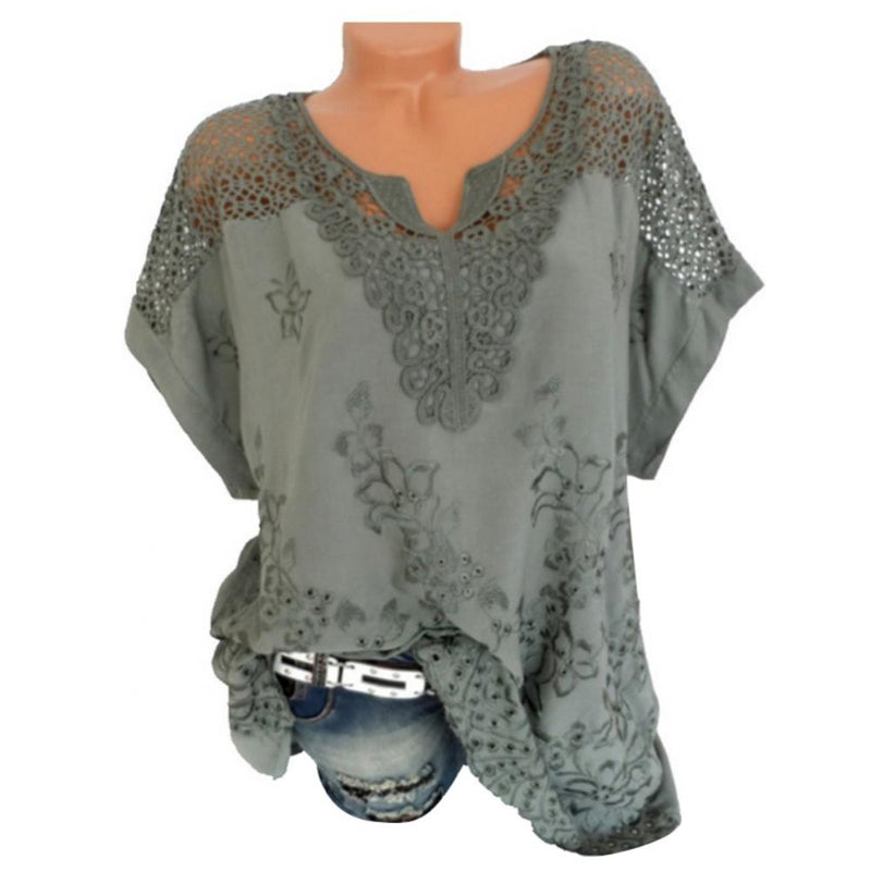 Blusas e tops femininos de manga curta, camisa solta de renda branca, patchwork, tamanho grande 4xl 5xl 6xl, tops femininos, roupas casuais
