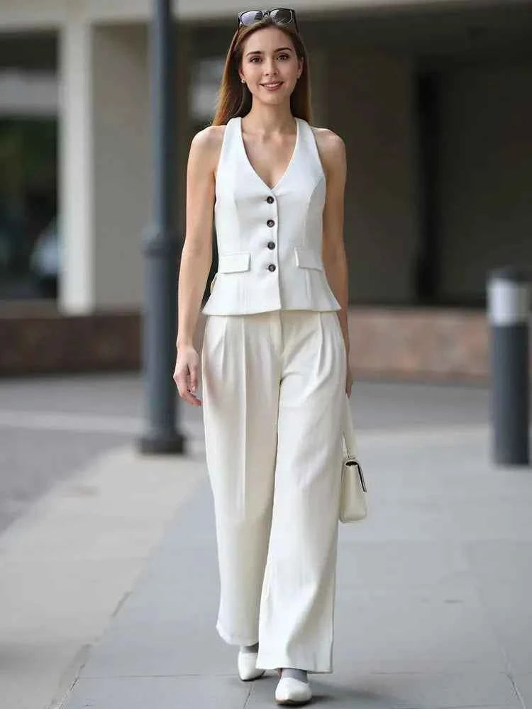 HH Pant Sets For Women Fashion Yellow Backless Button Halter Crop Vest Top Straight Trousers Elegant Office Lady Suit