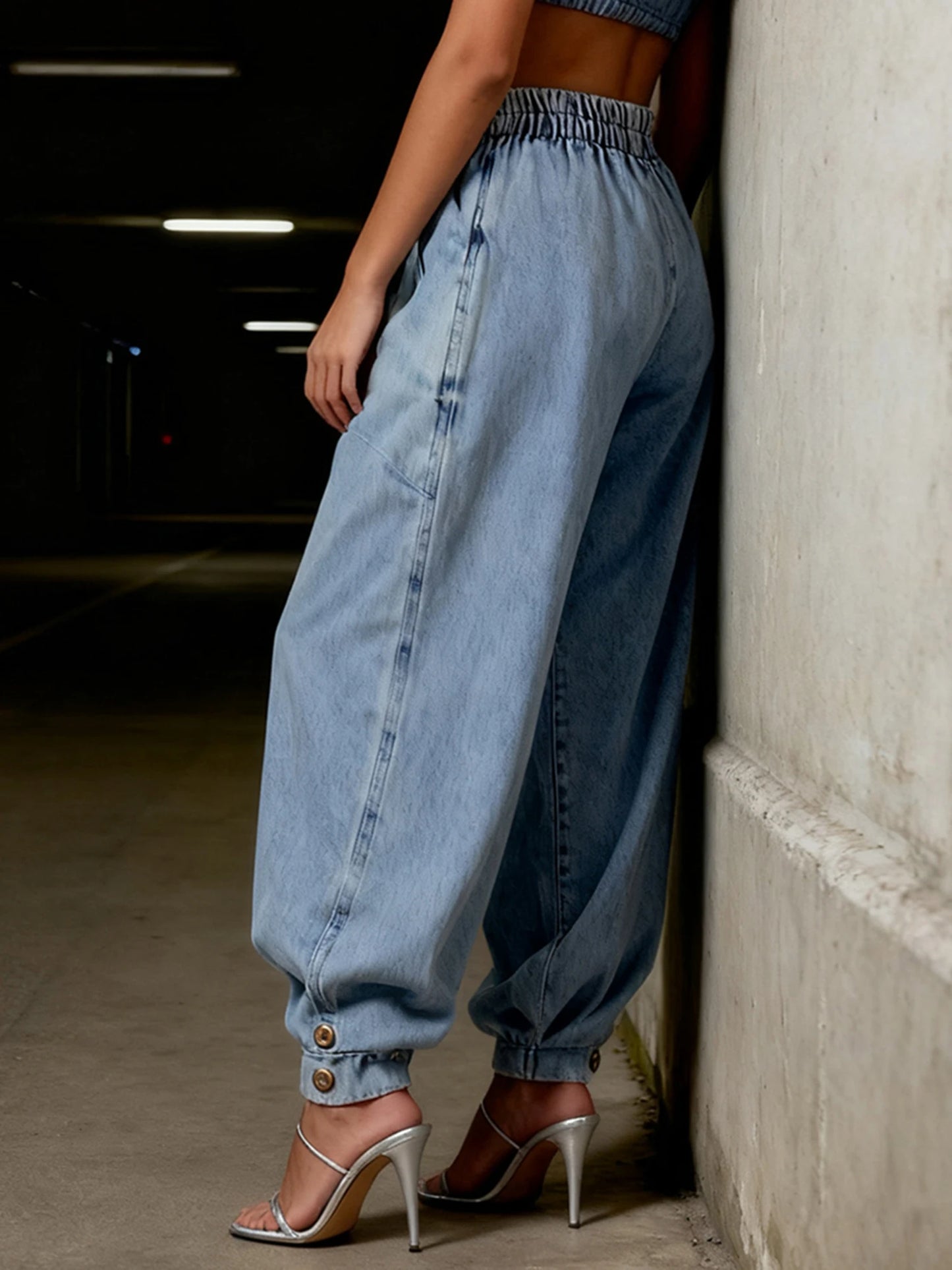 Women Harem Denim Pants Causal High Waist Wide Leg Baggy Solid Color Trousers with Pockets