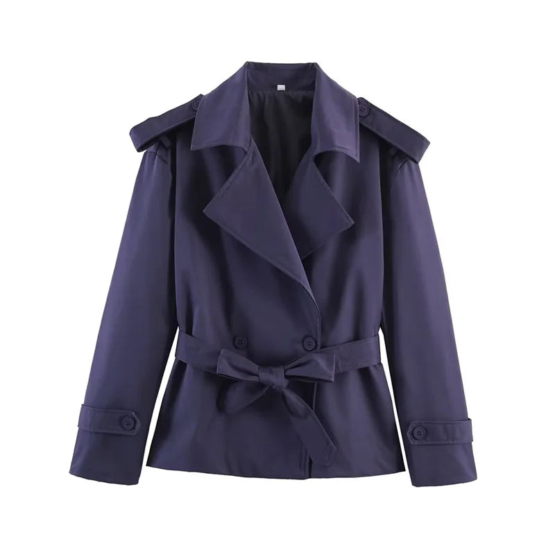 Women's Coat 2026 Spring New Style Solid Color Long Sleeve Belted Short Trench Coat European and American Personalized Fashion