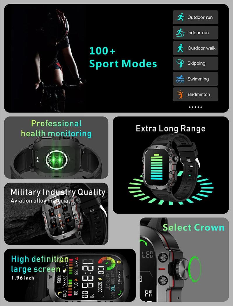 2024 Novo para Xiaomi Militar Smart Watch Homens IP68 5ATM Esportes ao ar livre Fitness Tracker Health Monitor 1.96" BT Call Smartwatch