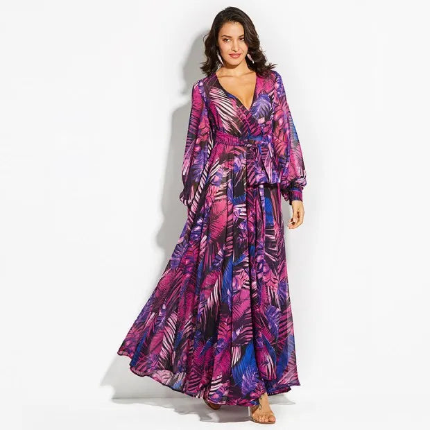Women's 2024 Autumn New Lantern Sleeves Sexy Deep V Fashion Printed Dress Green Leaf Strap Waist Ankle Long Dress