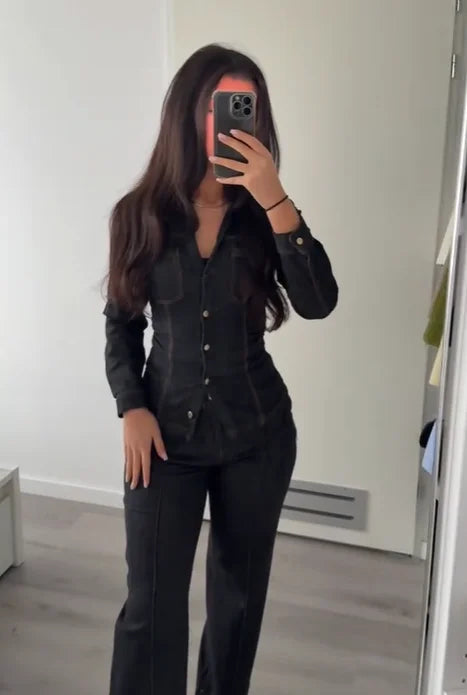 Women Fashion Denim Solid Top High Waist Pants Suits Casual Single Breasted Lapel Neck Shirts Pant Set Spring Lady Street Wear