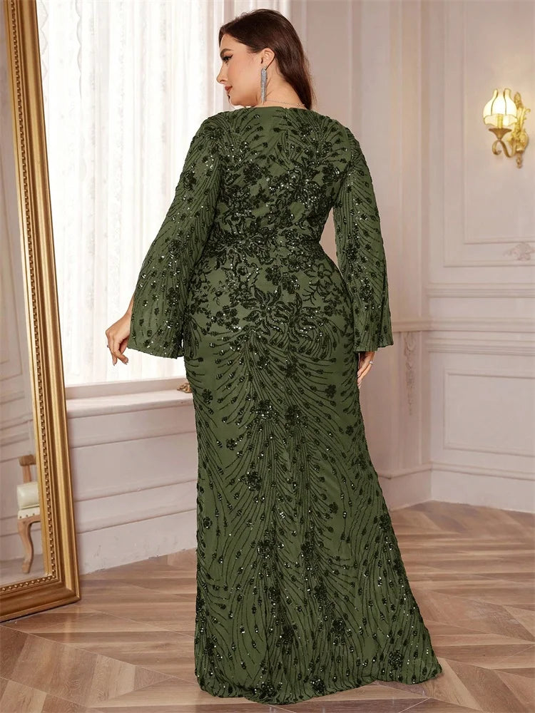 Lucyinlove Plus Size Luxury Gold Evening Dresses Women 2025 Long Sleeve Mermaid Formal Sequins Prom Wedding Party Cocktail Gowns