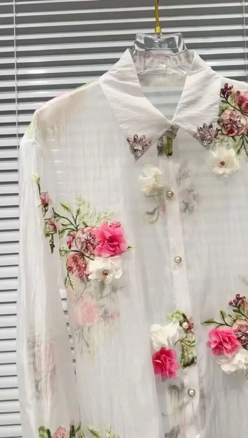 Luxury Design Summer Sparkle Diamonds Flowers Embroidery Party Shirts Blouses Women's Lightweight Sunscreen Top Woman Clothes