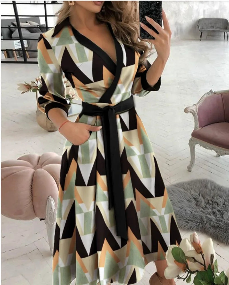 Autumn New Casual Women's Fashion Long-sleeved V-neck Printed Pattern Mid-length Elegant Printed Women's Dress