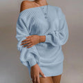 Womens Dresses Spring Fashion Cold Shoulder Lantern Sleeve Casual Plain Long Sleeve Daily Mini Knit Sweater Dress Woman Clothing - CRAVO ROSE