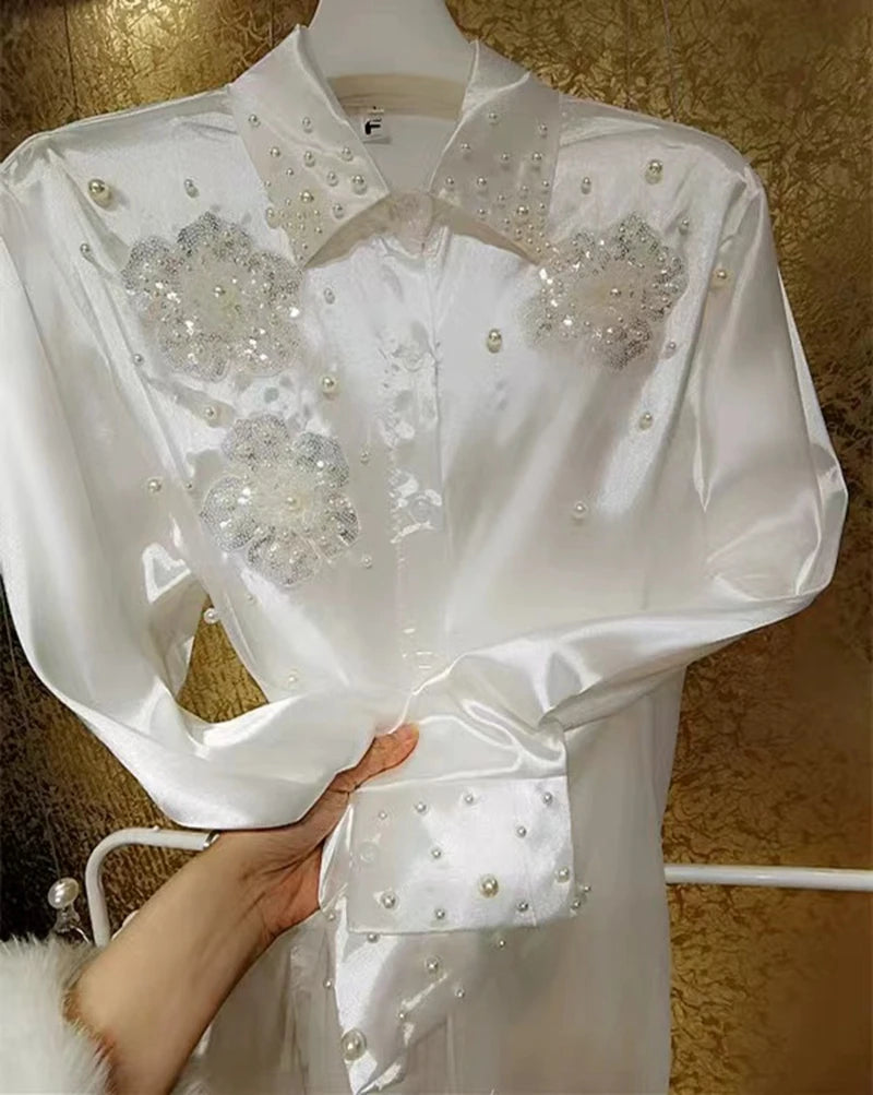 Blusas brancas com lantejoulas e miçangas estilo luxo, camisas para mulheres, vintage, botões, blusas de abotoamento simples