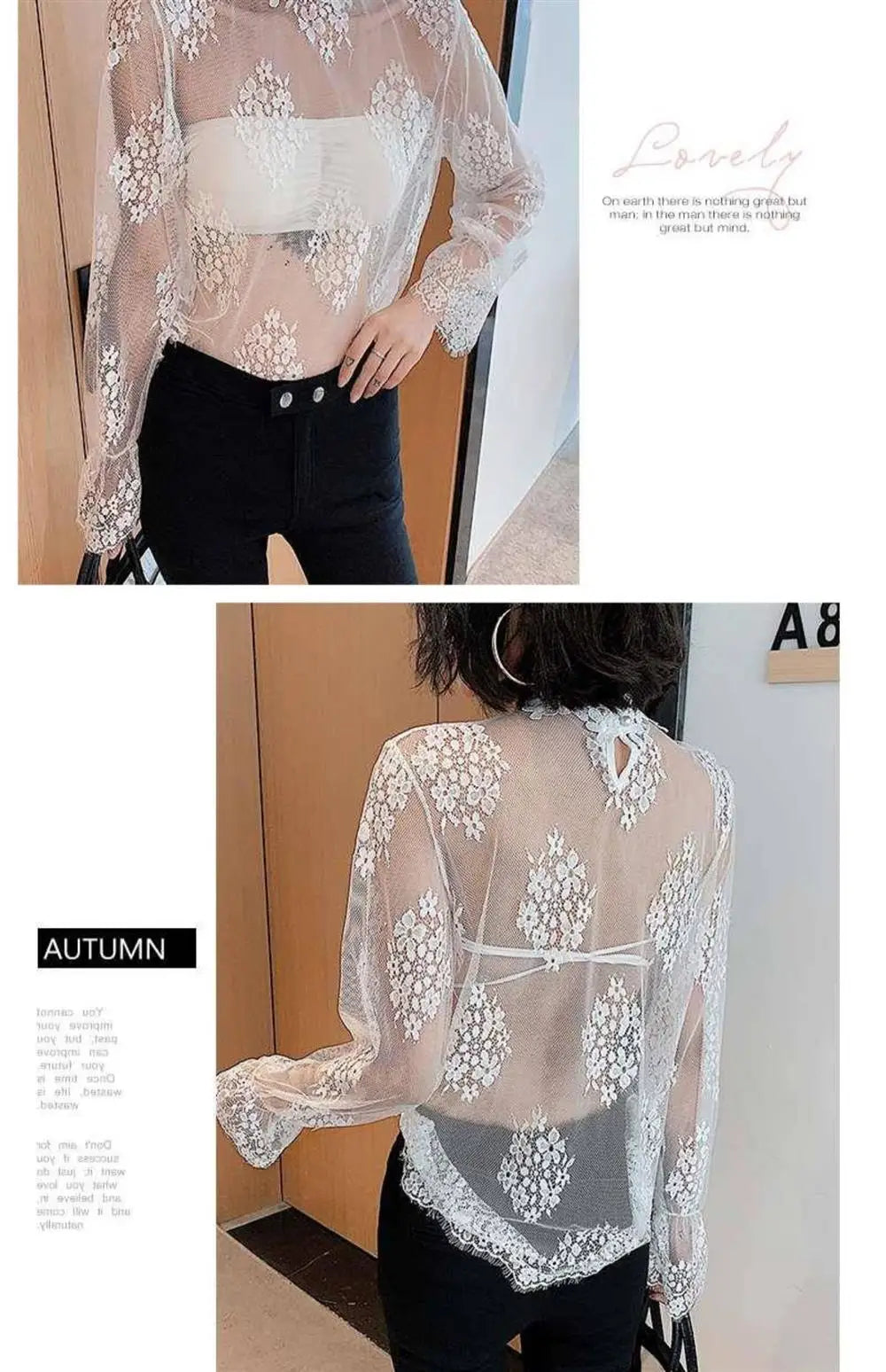 Sexy Lace Base Shirt Women's Mesh Inner Top Half High Collar Knitted Sweater Layerable Floral Lace Trim See through Design