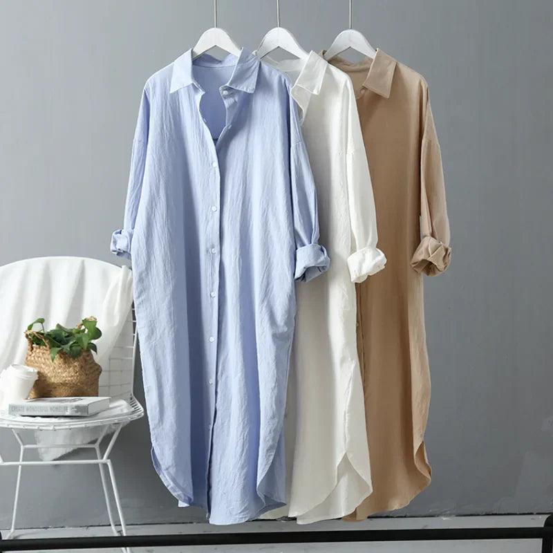 2024 Spring Casual Women's Blouses Korean Clothing Autumn Vintage Linen Cotton Mid-Length White Shirt Dress For Female Chic Tops - CRAVO ROSE