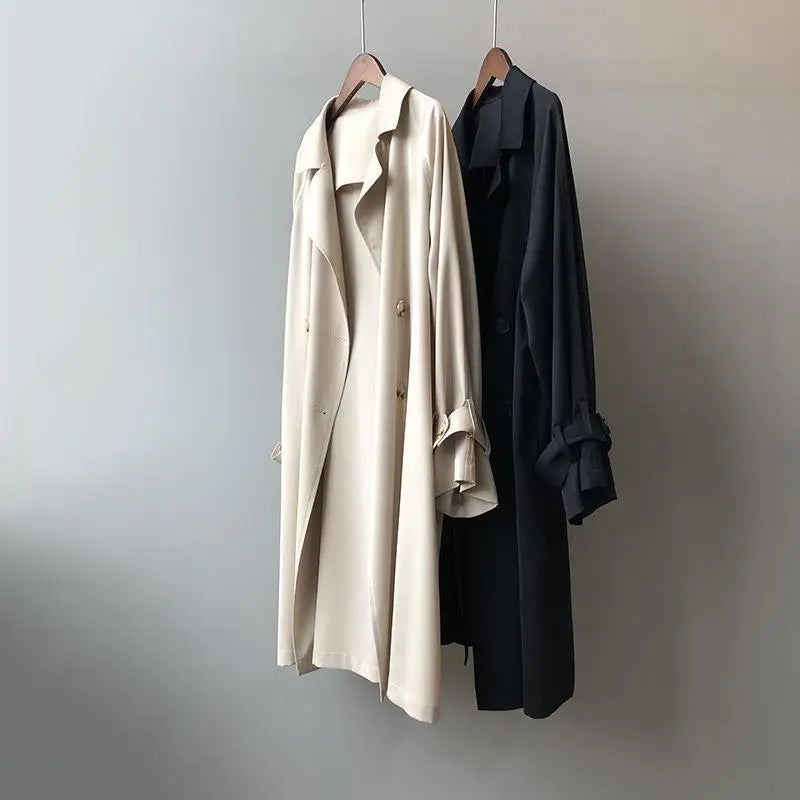 New Fashion Women's Long Trench Coat Spring Autumn Temperament Thin Windbreaker Coat Female Casual Parker Overcoat Apricot Black