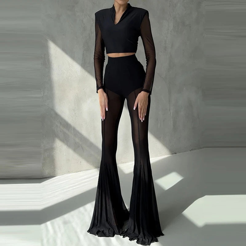 Women's Casual Patchwork Pleated Flared Pants Perspective Mesh Slim Trousers New 2025 Summer Elastic High Waist Club Long Pants