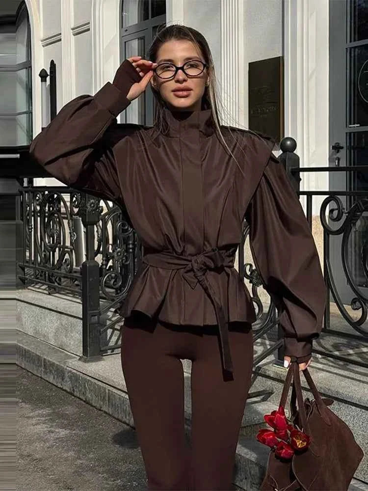 Fashion Stand Collar Belted Waist Short Jacket For Women Casual Puff Sleeve Wide Shoulder Coat Lady 2026 Chic Street Outerwear