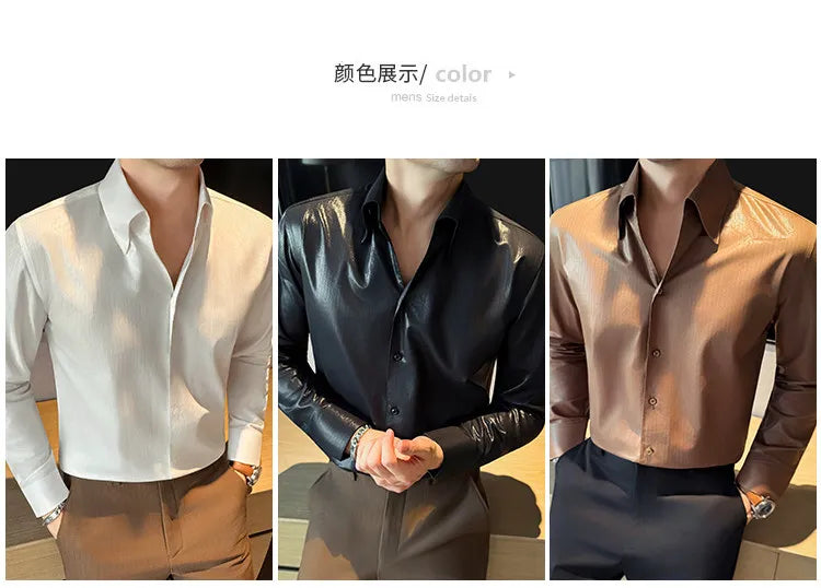 2026 Spring Fashion Big Collar Design Long Sleeved Shirt High Quality Men's Business Slim Fit Social Tuxedo Cotton Shirts