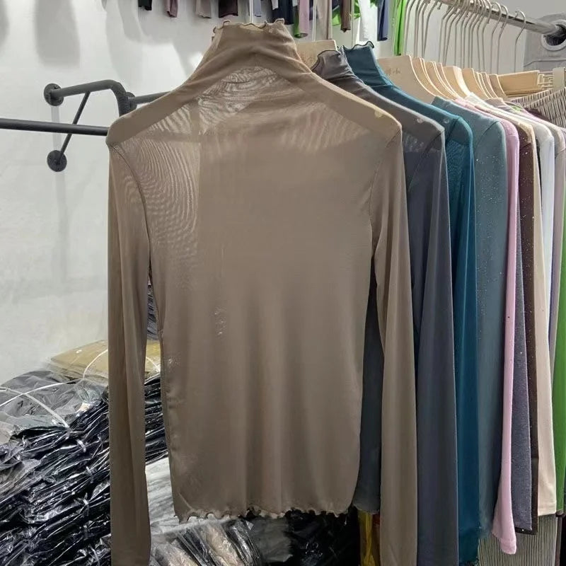 Women's Long Sleeve T-Shirt Lace  Mesh Base Shirt High Collar Pure Color Spring Autumn Fashion Breathable Comfortable Ski...