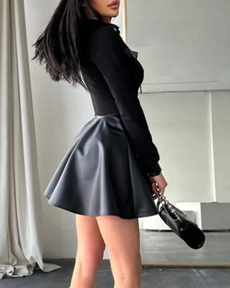 Women Long Sleeve Zipper Pocket Large Hem Faux Leather Mini Dress Women's Clothing Elegant Fashion PU Ruched Party Dress vestido