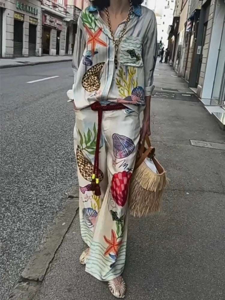 Bohemia Satin Print Loose Pants Sets Women Causal Long Sleeve Shirts Two Piece Sets Female Beach Summer Outfits Streetwear