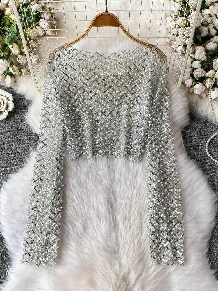 Slim Fit Short Sleeveless T-Shirt Women's New Style round Neck Long Sleeve Shiny Sequin Heavy Duty Bead Commute Style Korean ...