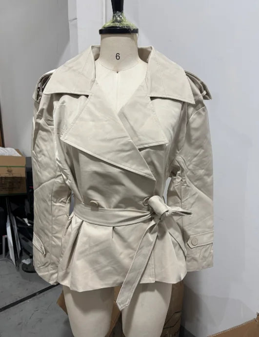 Women Lapel V-neck Belt Trench Coat Fashion Lace Up Full Sleeve Button Short Thin Windbreak 2025 New Lady Daily Street Outerwear