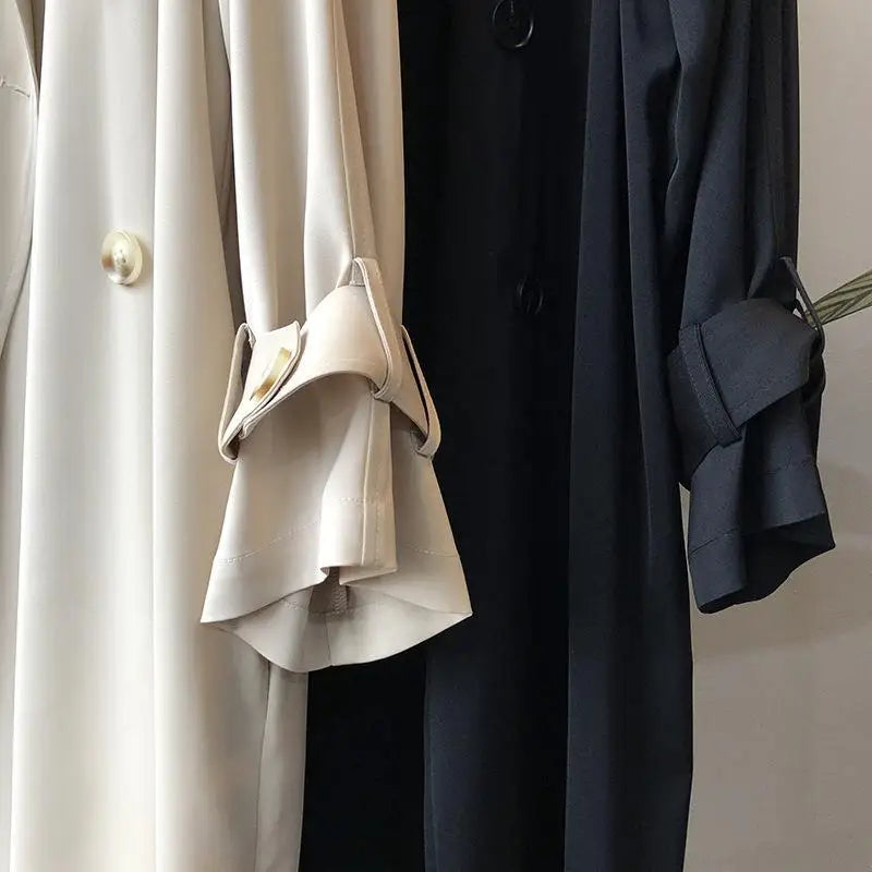 New Fashion Women's Long Trench Coat Spring Autumn Temperament Thin Windbreaker Coat Female Casual Parker Overcoat Apricot Black