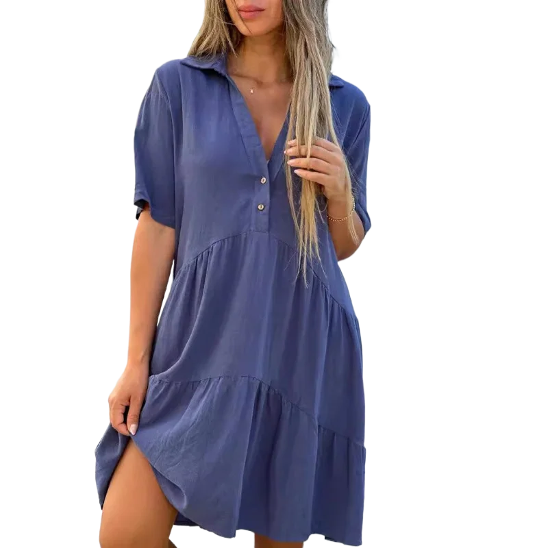 Vestido casual com lapela e babados, linha A, para férias na praia, solto, liso, de algodão e linho, manga curta