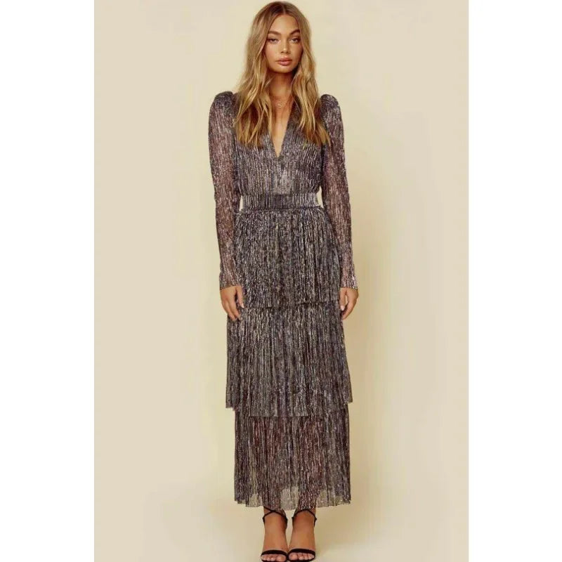 Vestido Feminino Plissado Costura Cintura Alta Vestido Feminino Manga Bufante Decote Em V Irregular Festa À Noite Vestido Elegante