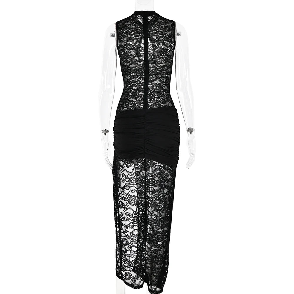 Fantoye Sexy Oco Out Alta Fenda Renda Vestido Longo Feminino Preto Transparente Vestido de Noite Feminino Outono Novo Elegante Festa Clubwear