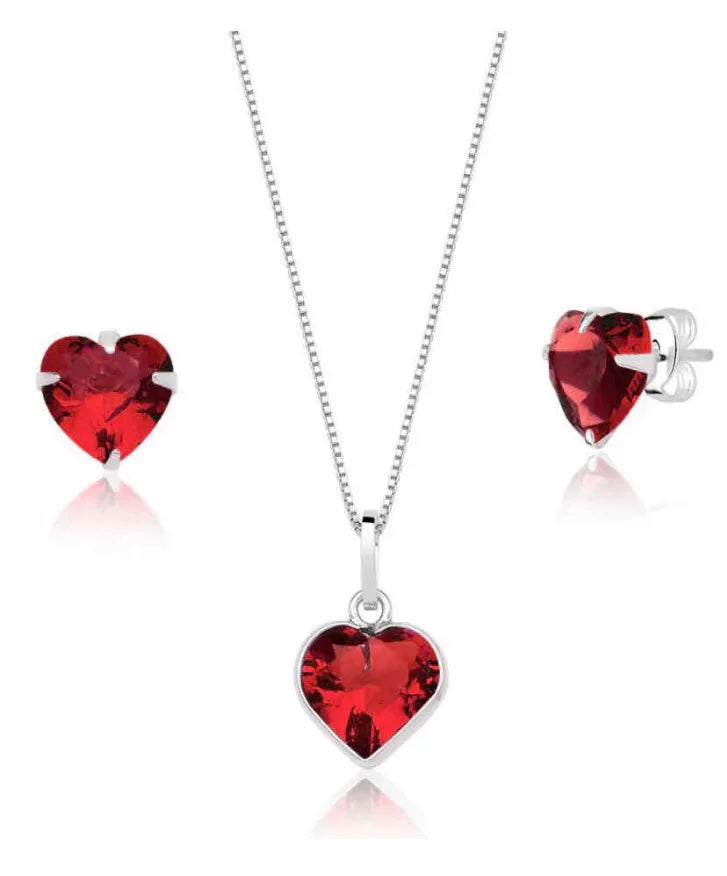 Conjunto Colar e Par Brinco Coração Zircônia Prata 925/45/Vermelho